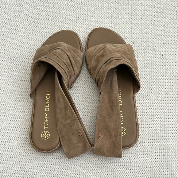 Tory Burch Shoes - Tory Burch Suede Slide Sandals in Brown